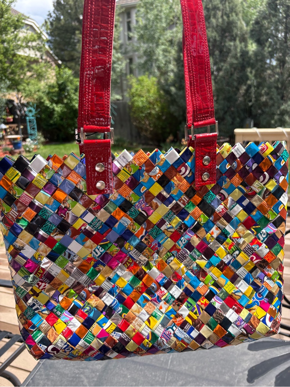Nahui Ollin Multicolor Woven Tote with Red Handles
